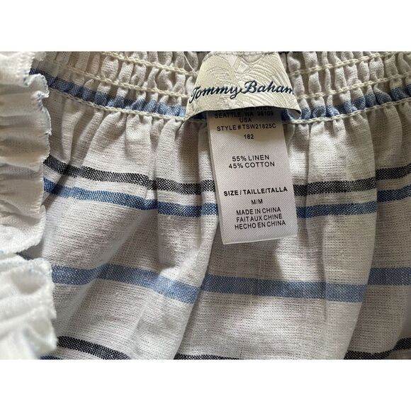 Tommy Bahama Women's Off The Shoulder Linen Stripe MIDI Dress Fringe Hem Medium - Picture 5 of 8